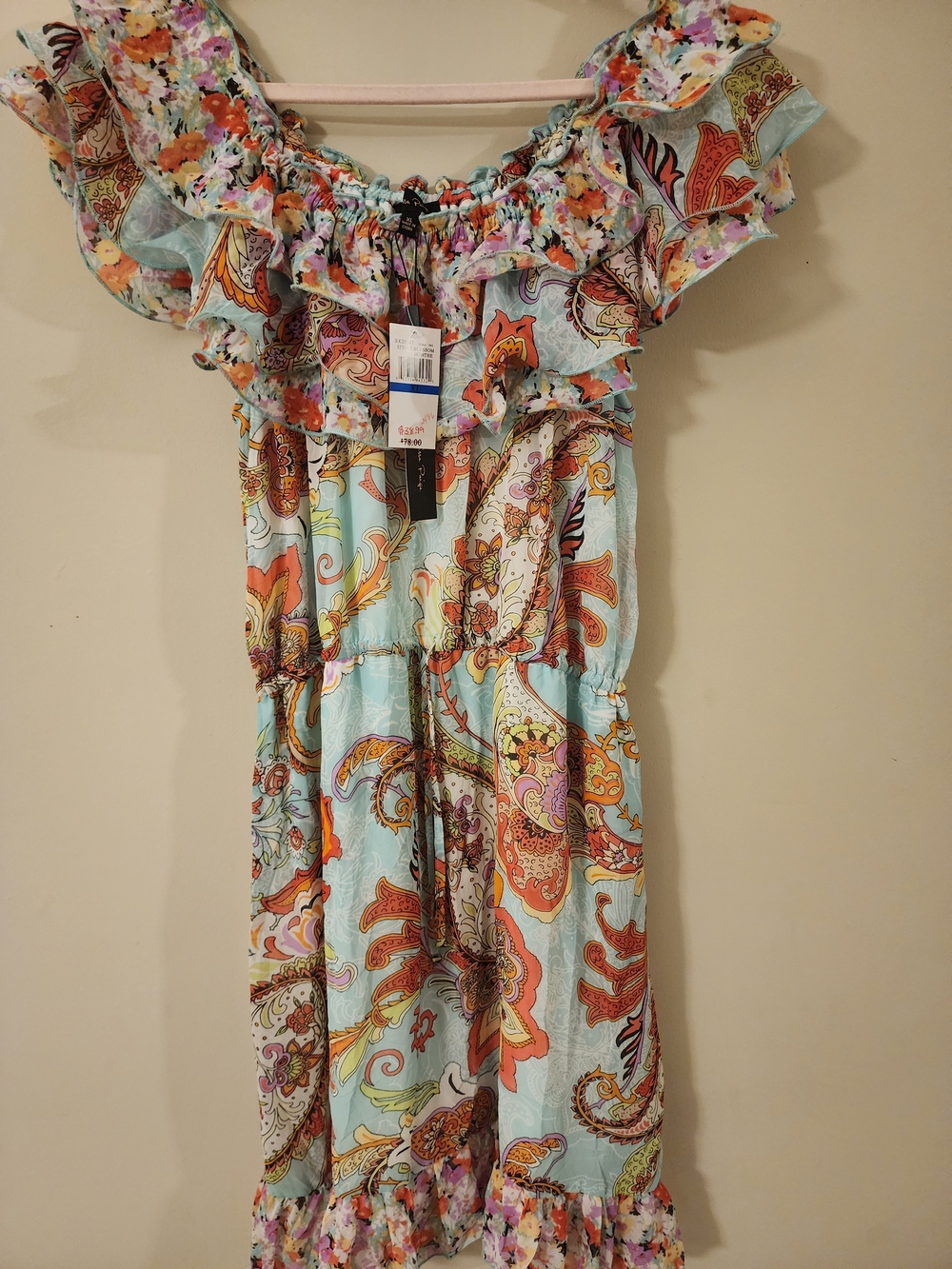 Melissa Paige Light Blue Paisley Midi Dress with Coral and Yellow Accents